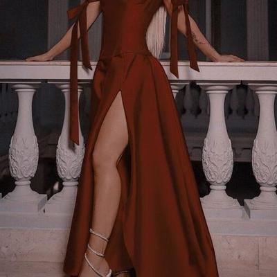 Off the shoulder a-line burgundy satin slit prom dress  - Thumbnail 1
