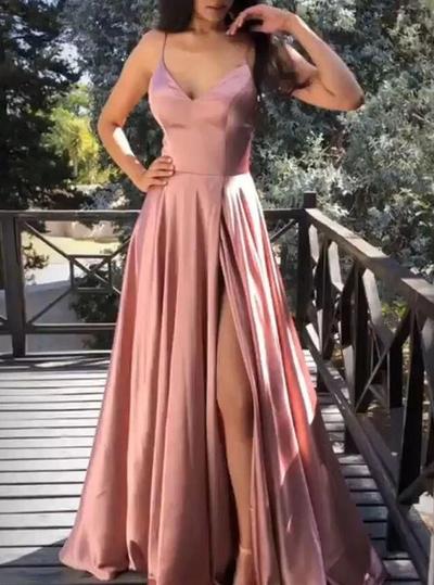Charming spaghetti straps v-neck pink long evening dresses with side slit