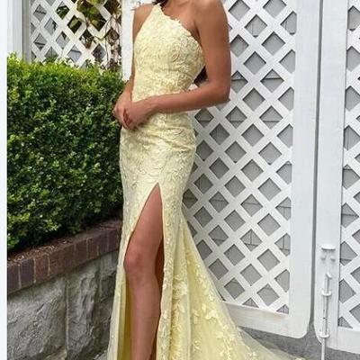 Charming sheath one shoulder yellow lace prom dress - Thumbnail 2