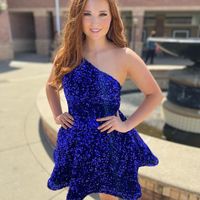 Cute A Line One Shoulder Royal Blue Sequins Hoco Dresses - Thumbnail 1