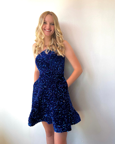 Cute A Line One Shoulder Royal Blue Sequins Hoco Dresses