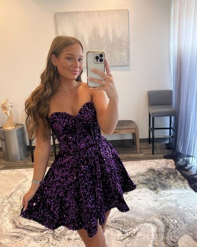 Sweetheart A Line Dark Purple Sequins Short Hoco Dresses, Short Party Dresses