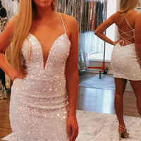 Sweet Bodycon White Sequins Short Hoco Dresses with Cross Back - Thumbnail 1