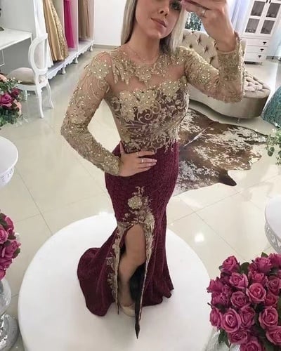 Wine Prom Dresses Slit Side with Sleeves Lace