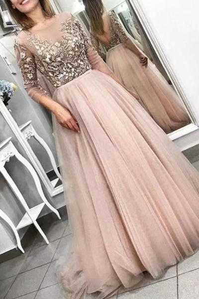 Peach Prom Dresses with Sleeves Lace