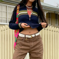 High Collar Stripe Color Block Zip up Knitted Jacket - Thumbnail 1