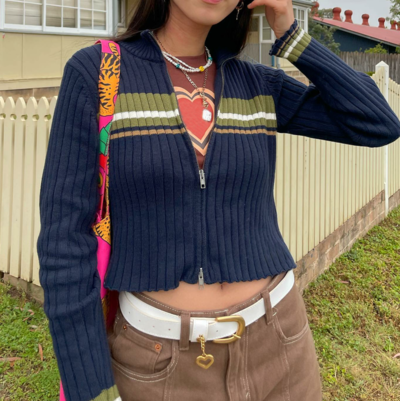 High Collar Stripe Color Block Zip up Knitted Jacket