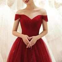 A line Ball Gown Burgundy tulle long prom dress  - Thumbnail 1