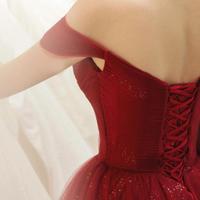 A line Ball Gown Burgundy tulle long prom dress  - Thumbnail 2