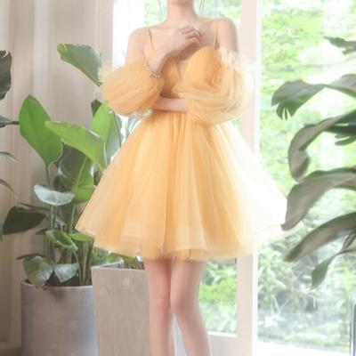 Cute a line yellow tulle short prom homecoming dress - Thumbnail 1