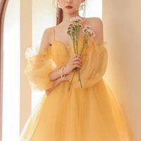 Cute A line Yellow tulle short prom homecoming dress - Thumbnail 2