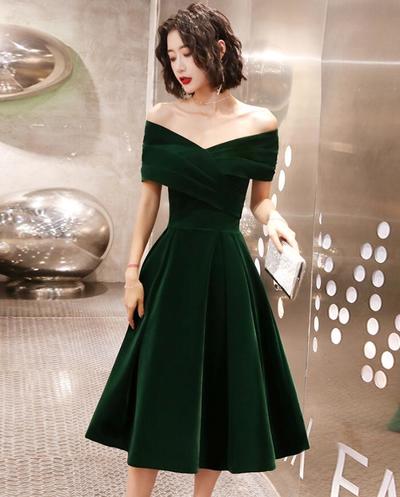 Off Shoulder Green velvet short prom dress 
