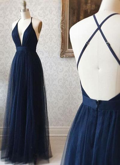 Simple a line v neck tulle long dark blue evening dress