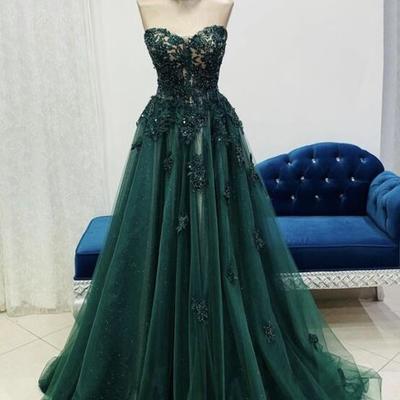  a line sweetheart green lace long prom dress - Thumbnail 3
