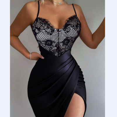 Skinny sleeveless lace slit dress - Thumbnail 2