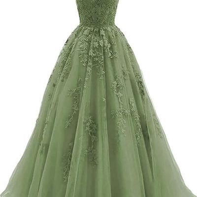 Spaghetti straps tulle long formal party evening gowns with lace appliques - Thumbnail 3
