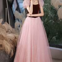 Pink tulle long A-line prom dress pink evening dress - Thumbnail 1