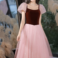 Pink tulle long A-line prom dress pink evening dress - Thumbnail 3