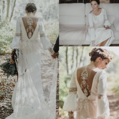 V Neck Wedding Dresses Bridal Gown with Sleeves