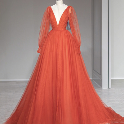 A-line tulle long sleeve prom dress elegant evening dress - Thumbnail 1