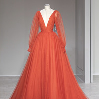 A-line Tulle Long Sleeve Prom Dress Elegant Evening Dress - Thumbnail 4