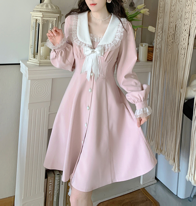 Sweet Princess Doll Collar Pink Long Sleeve Dress Decorated with White Bow and Pearl Buttoms Coat