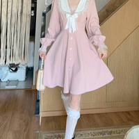 Sweet Princess Doll Collar Pink Long Sleeve Dress Decorated with White Bow and Pearl Buttoms Coat - Thumbnail 1