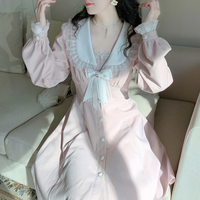 Sweet Princess Doll Collar Pink Long Sleeve Dress Decorated with White Bow and Pearl Buttoms Coat - Thumbnail 6