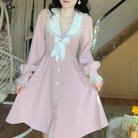 Sweet Princess Doll Collar Pink Long Sleeve Dress Decorated with White Bow and Pearl Buttoms Coat - Thumbnail 4