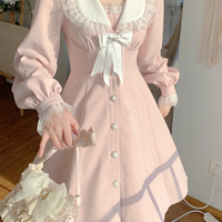 Sweet Princess Doll Collar Pink Long Sleeve Dress Decorated with White Bow and Pearl Buttoms Coat - Thumbnail 3