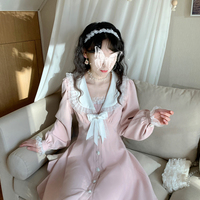 Sweet Princess Doll Collar Pink Long Sleeve Dress Decorated with White Bow and Pearl Buttoms Coat - Thumbnail 7