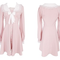 Sweet Princess Doll Collar Pink Long Sleeve Dress Decorated with White Bow and Pearl Buttoms Coat - Thumbnail 8