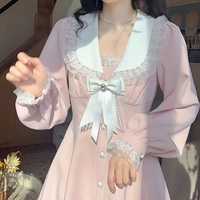 Sweet Princess Doll Collar Pink Long Sleeve Dress Decorated with White Bow and Pearl Buttoms Coat - Thumbnail 2
