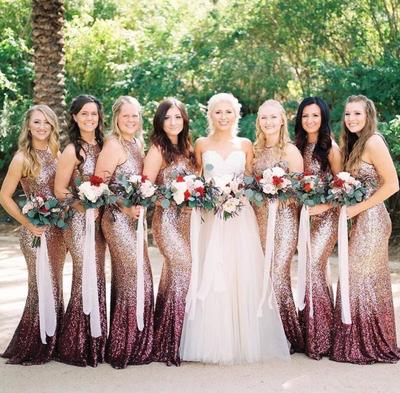 Halter Rose Gold Sequin Mermaid Long Bridesmaid Dresses