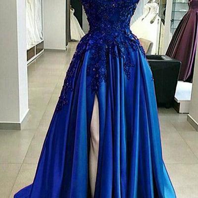 Cap sleeves royal blue lace flowers split evening gowns - Thumbnail 2