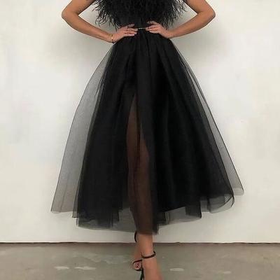 A line spaghetti straps black tulle tea length prom dresses - Thumbnail 3
