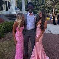 Mermaid Sparkly Scoop Neck Pink Sequin Split Prom Dresses - Thumbnail 1