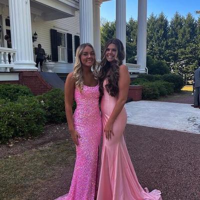Mermaid sparkly scoop neck pink sequin split prom dresses - Thumbnail 3