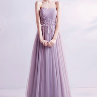 Purple tulle lace long prom dress A-line evening dress - Thumbnail 1