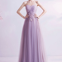 Purple tulle lace long prom dress A-line evening dress - Thumbnail 2