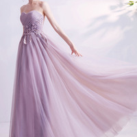 Purple tulle lace long prom dress A-line evening dress - Thumbnail 3