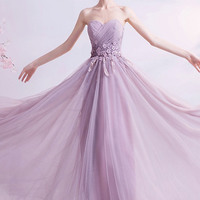 Purple tulle lace long prom dress A-line evening dress - Thumbnail 4
