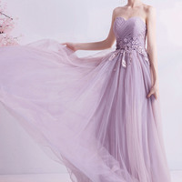 Purple tulle lace long prom dress A-line evening dress - Thumbnail 5