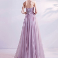 Purple tulle lace long prom dress A-line evening dress - Thumbnail 8