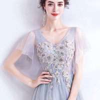 Gray V-neck lace long prom dress A-line evening dress - Thumbnail 1