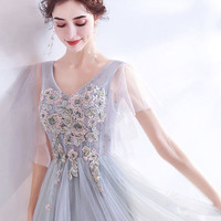 Gray V-neck lace long prom dress A-line evening dress - Thumbnail 2