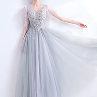 Gray V-neck lace long prom dress A-line evening dress - Thumbnail 3