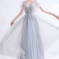 Gray V-neck lace long prom dress A-line evening dress - Thumbnail 4
