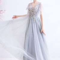 Gray V-neck lace long prom dress A-line evening dress - Thumbnail 5