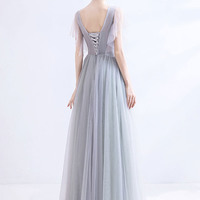 Gray V-neck lace long prom dress A-line evening dress - Thumbnail 6